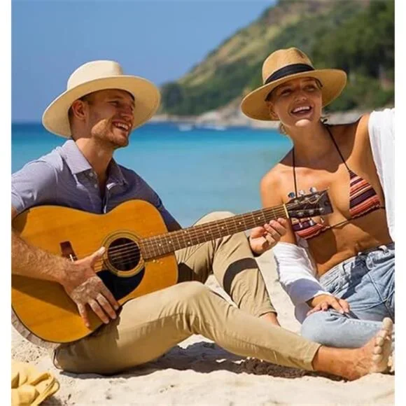 Wide Brim Straw Fedora Hat - Summer Beach Sun Hat with UPF Protection for Women